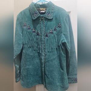 Teal Fringe Bob Mackie Wearable Art Fringe Jacket with Embroidered Details